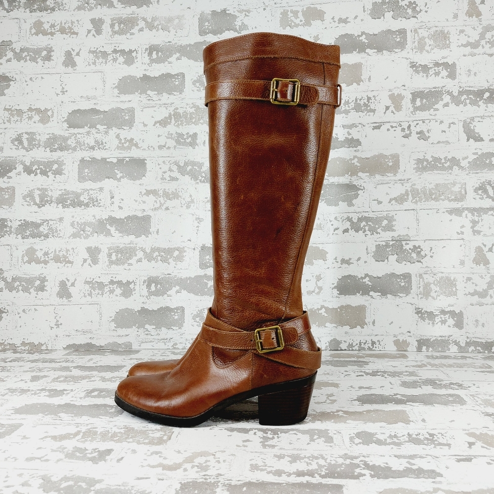 Mossimo Supply Co. Target Brown Leather Buckle Detail Block Heel Tall Boots T37
